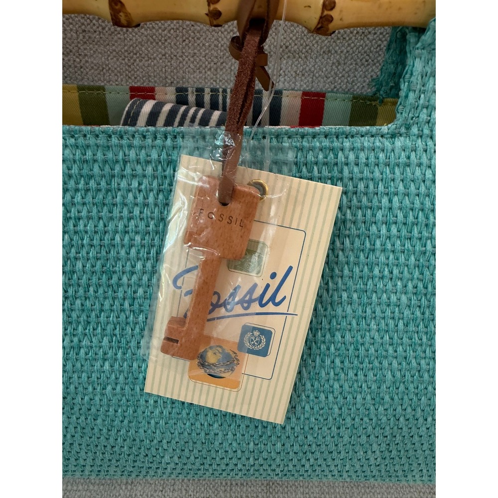 Fossil Straw Bamboo Handle Crossbody Bag Turquoise Blue Woven Summer Handbag NEW - Picture 3 of 12
